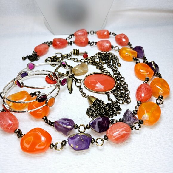2 Chico’s Chunky Beaded Long Statement Necklaces 3 Stone Bangle Bracelets - Picture 2 of 7